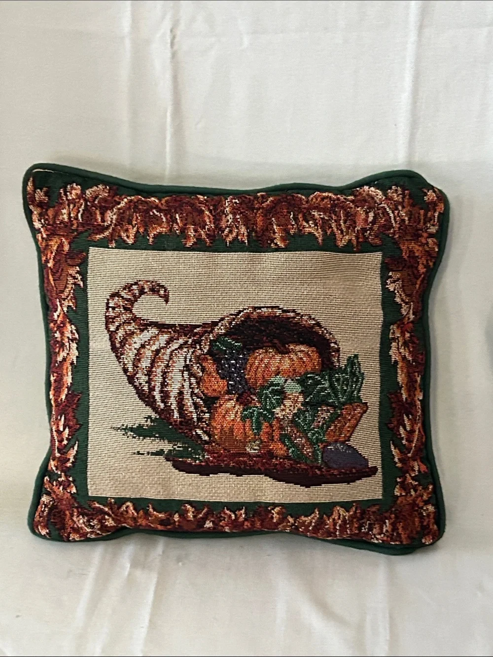 Autumn Tapestry Cornucopia Decorative Pillow - Greens, Oranges, Browns 10”x10